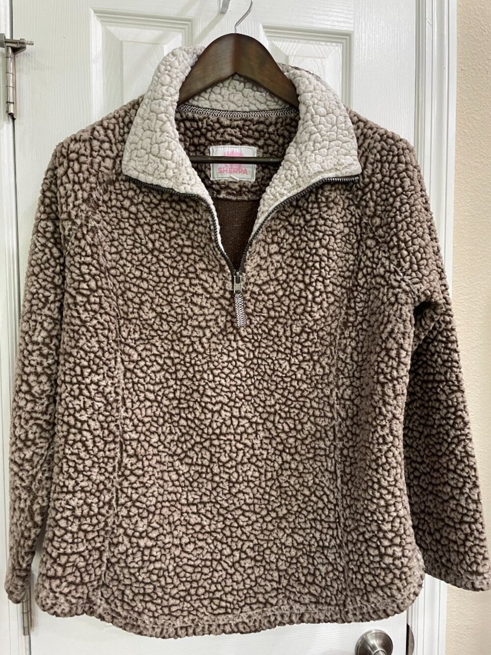 Cozy Sherpa Quarter Zip Pullover Teddy Fleece Jacket Brown Ivory XXL